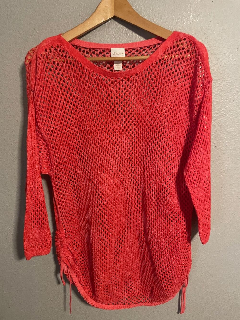 Chicos Womens Tunic Size 3 US XL Coral Pink Open Knit Sheer Ruched Boho Coastal